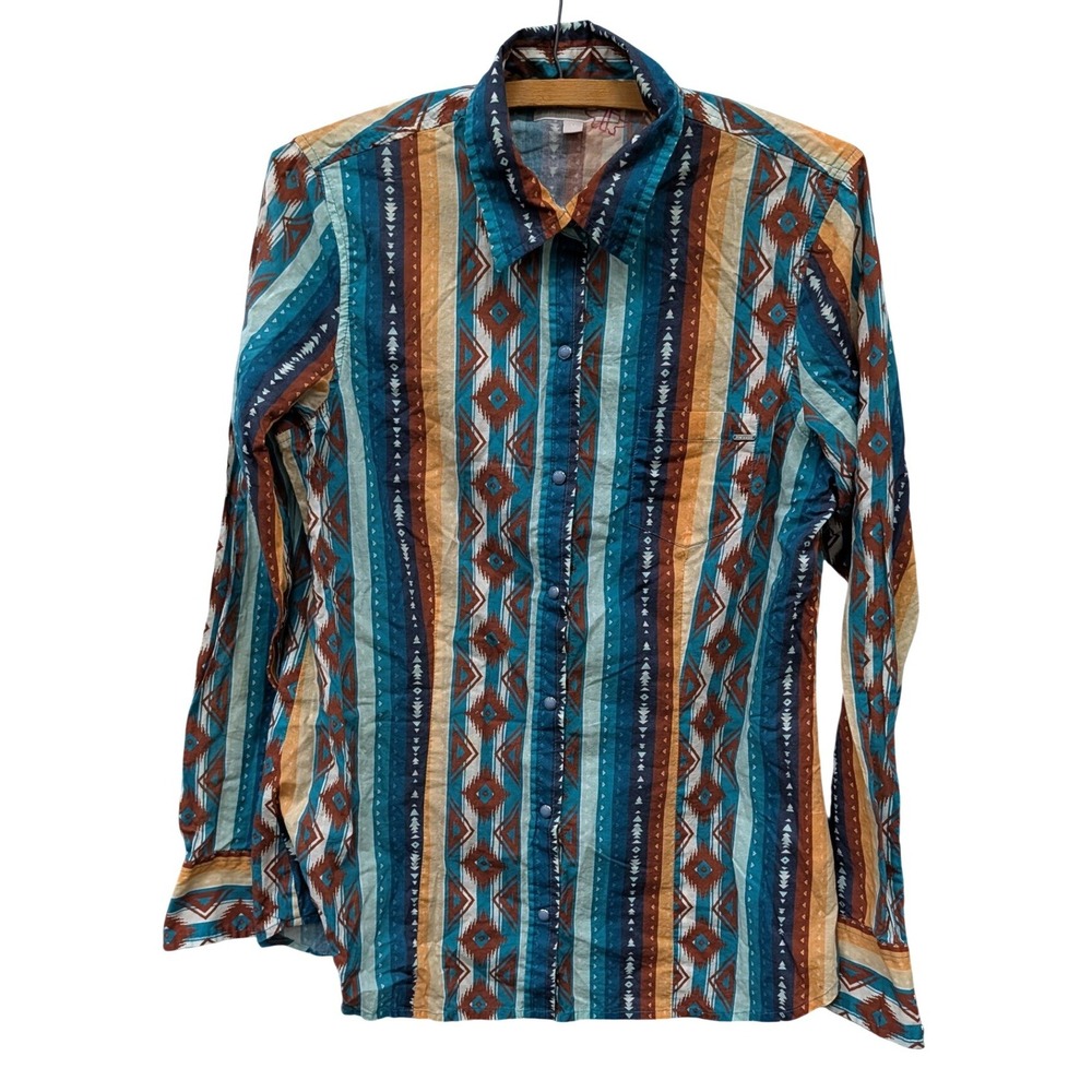 Tin Haul Women's Southwestern Geometric Snap Front Western Shirt Multi Color- M